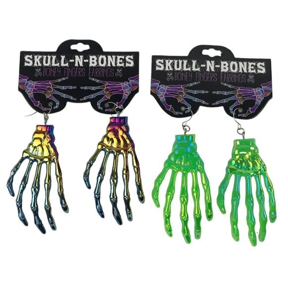 2 New Pair Skull N Bones Boney Fingers Dangle Earrings Hand Iridescent Halloween - Picture 1 of 6